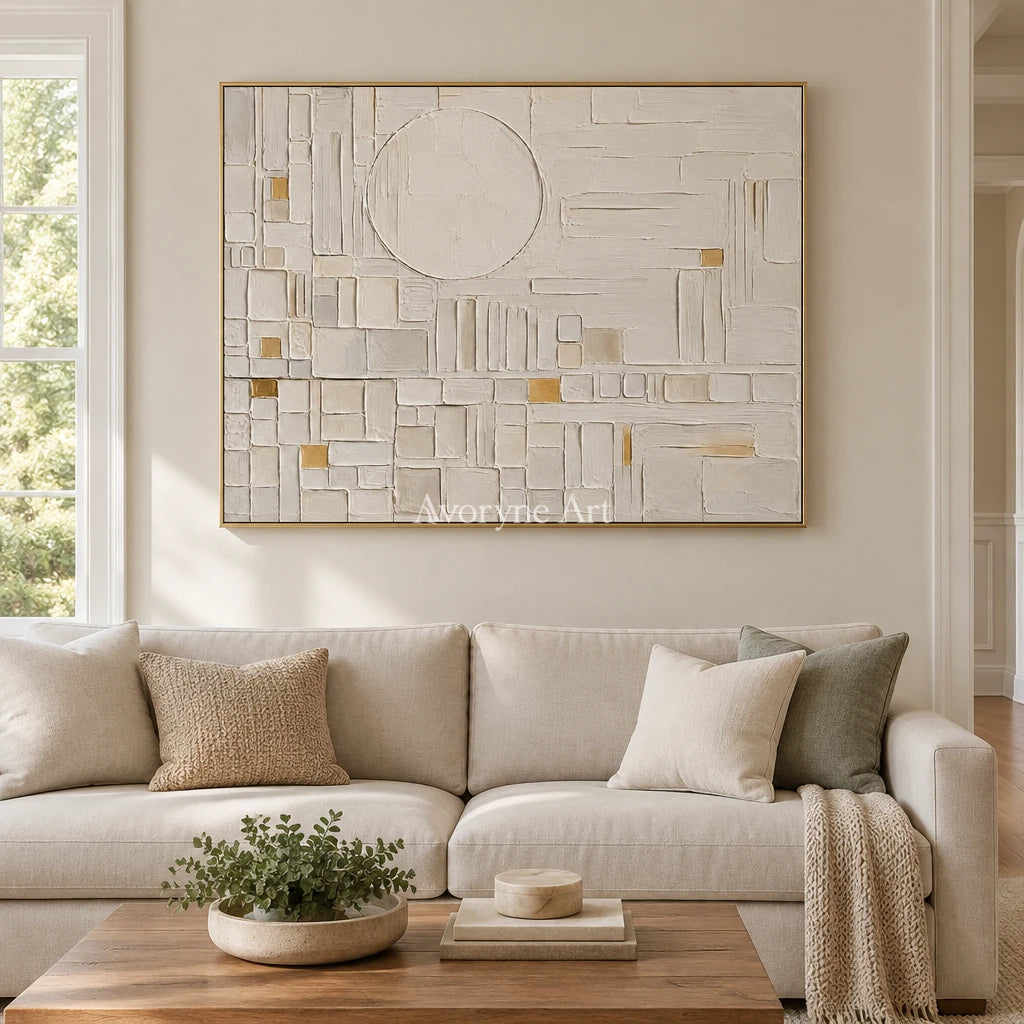 Ivory Blueprint: Neutral Geometric Relief Art — living gold