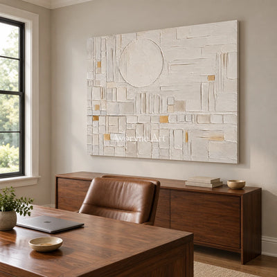 Ivory Blueprint: Neutral Geometric Relief Art — office frameless