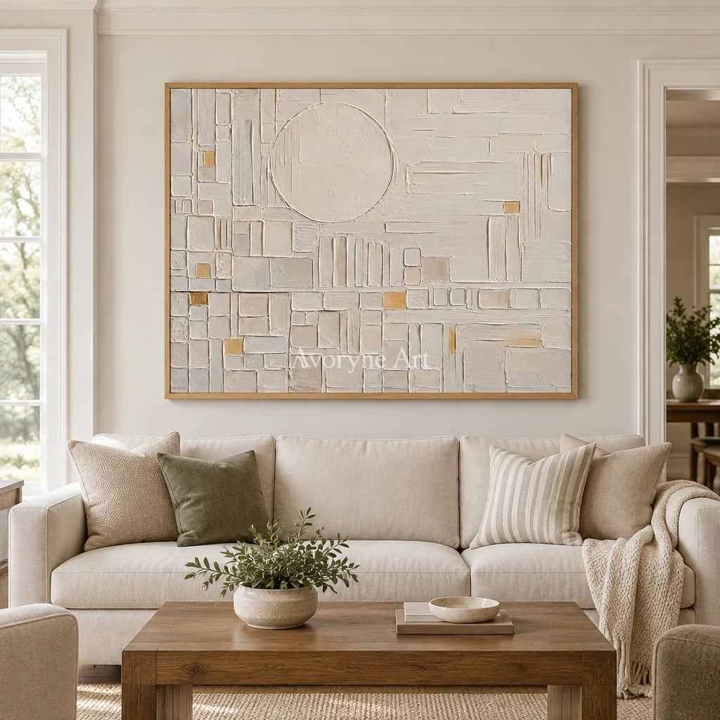 Ivory Blueprint: Neutral Geometric Relief Art — villa wood