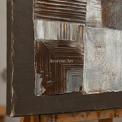 Close-up of the hand-painted texture of Hushed Refrain neutral geometric relief wall art on an easel
