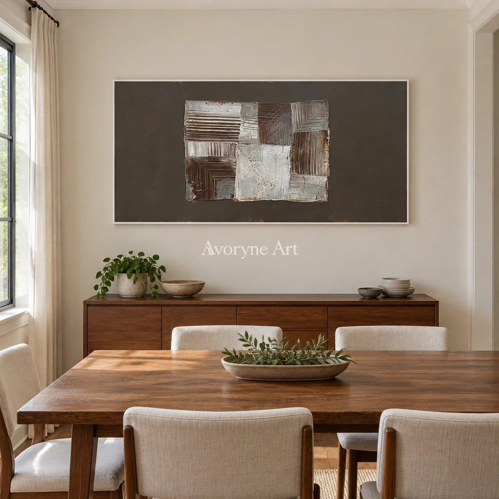 Hushed Refrain neutral geometric relief wall art with a white frame in a dining room