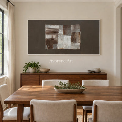 Hushed Refrain neutral geometric relief wall art with a white frame in a dining room