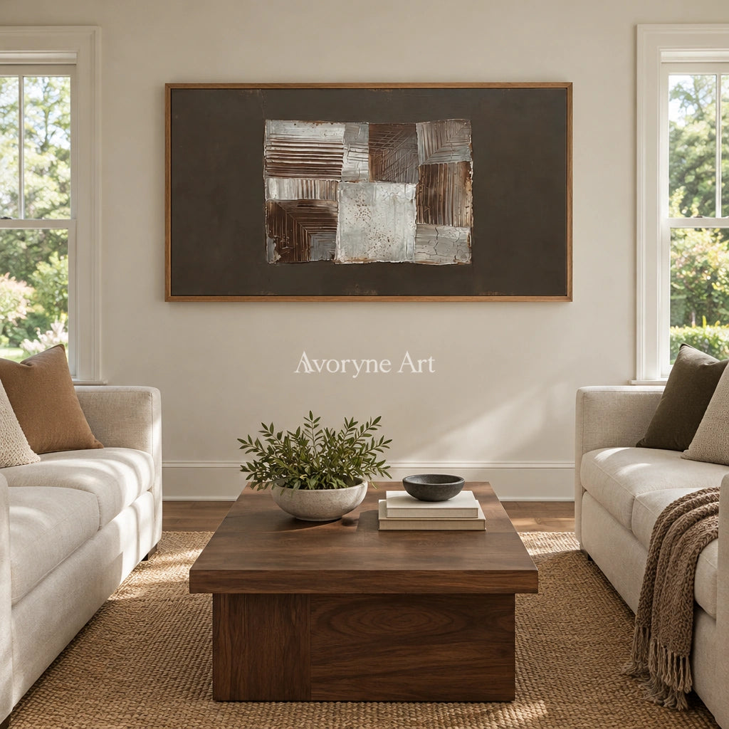 Hushed Refrain neutral geometric relief wall art with a wood frame in a villa living space