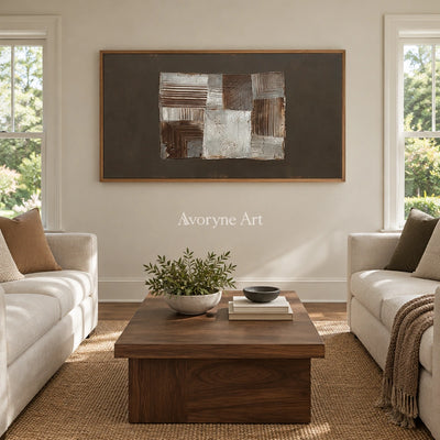 Hushed Refrain neutral geometric relief wall art with a wood frame in a villa living space