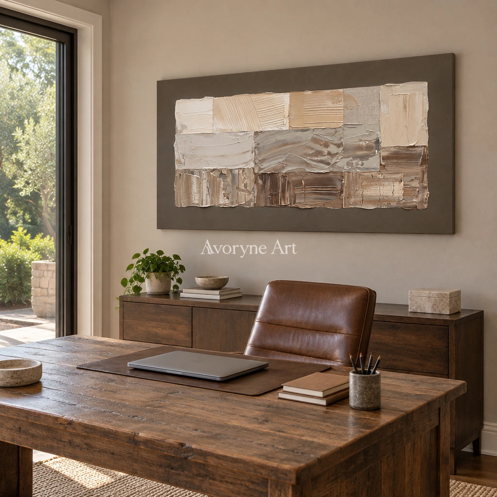 Hushed Interval neutral geometric relief wall art as a frameless stretched canvas in a home office