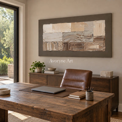Hushed Interval neutral geometric relief wall art as a frameless stretched canvas in a home office
