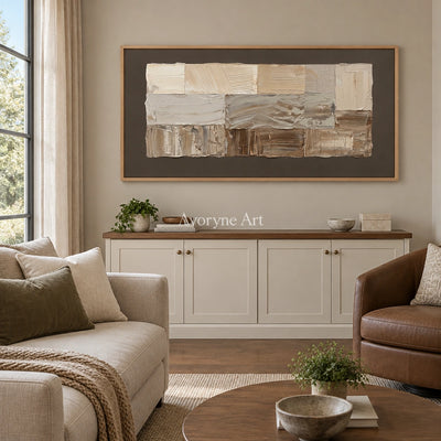 Hushed Interval neutral geometric relief wall art with a wood frame in a villa living space