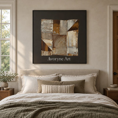 Hushed Verse neutral geometric relief wall art with a black frame above a bed in a bedroom