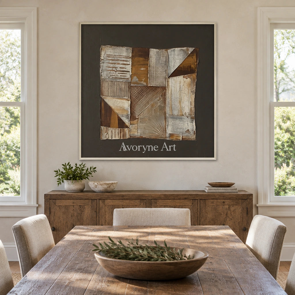 Hushed Verse neutral geometric relief wall art with a white frame in a dining room