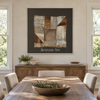 Hushed Verse neutral geometric relief wall art with a white frame in a dining room