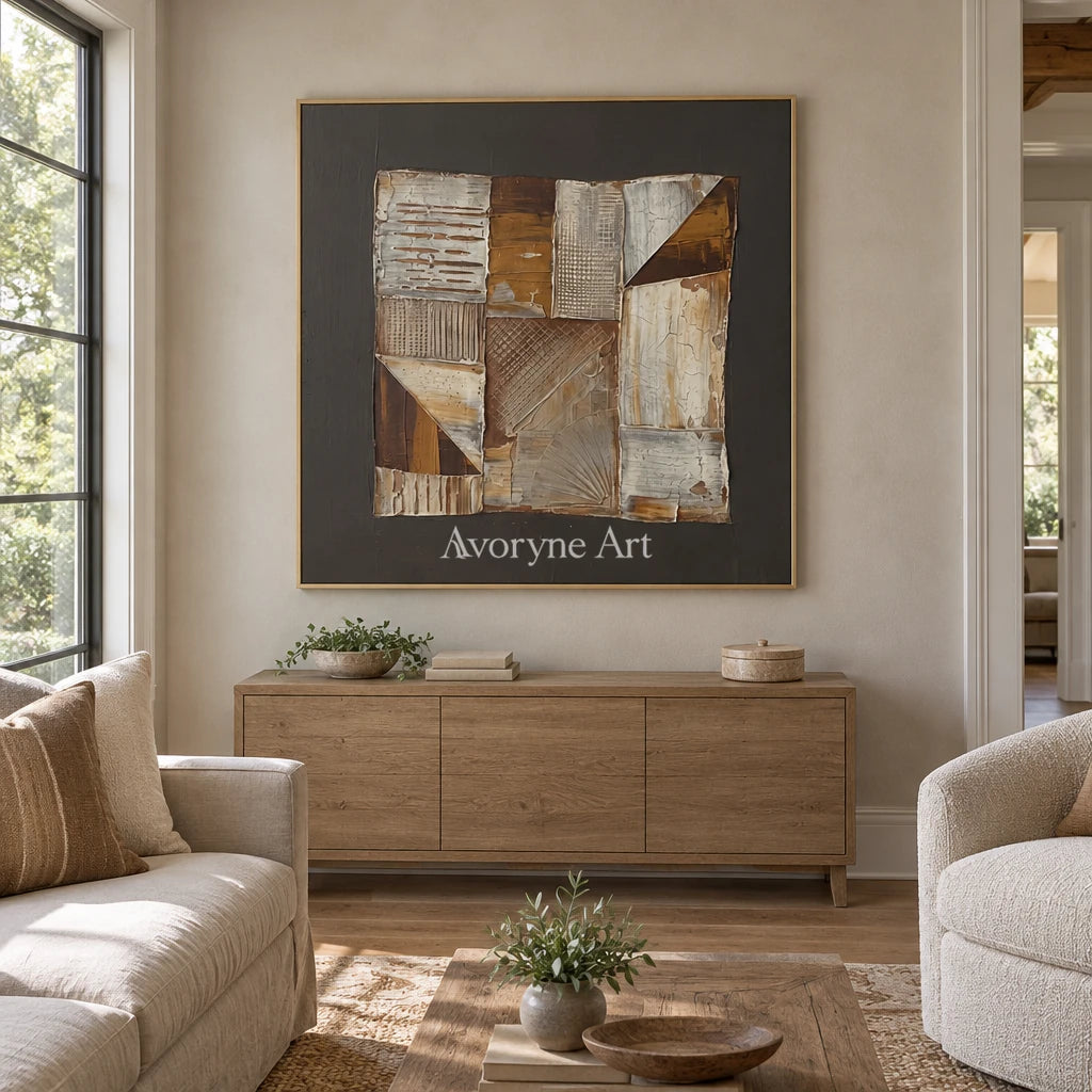 Hushed Verse neutral geometric relief wall art with a gold frame hanging in a living room
