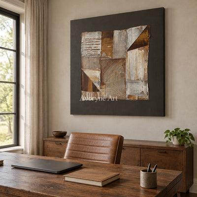 Hushed Verse neutral geometric relief wall art as a frameless stretched canvas in a home office
