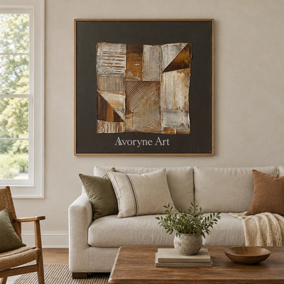Hushed Verse neutral geometric relief wall art with a wood frame in a villa living space