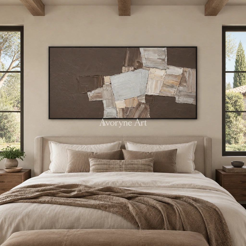 Hushed Sonata neutral geometric relief wall art with a black frame above a bed in a bedroom