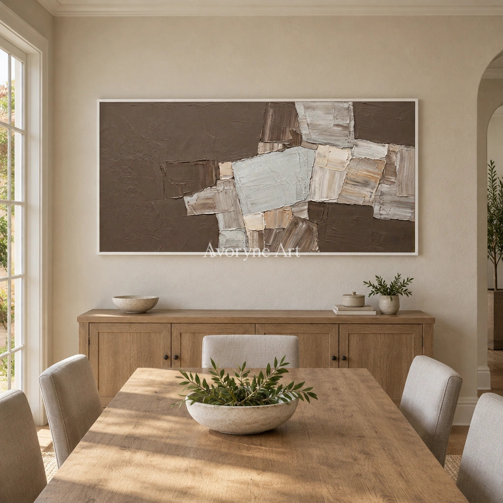 Hushed Sonata neutral geometric relief wall art with a white frame in a dining room