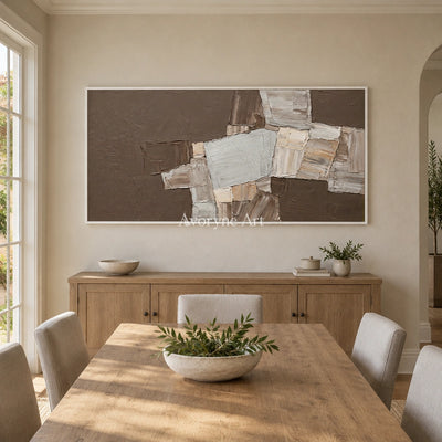 Hushed Sonata neutral geometric relief wall art with a white frame in a dining room
