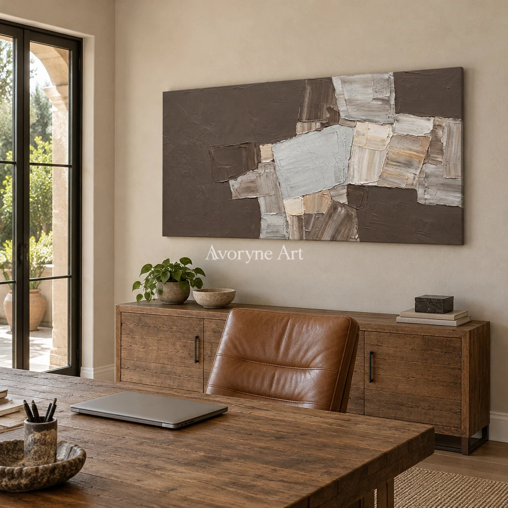 Hushed Sonata neutral geometric relief wall art as a frameless stretched canvas in a home office