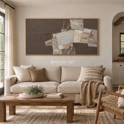 Hushed Sonata neutral geometric relief wall art with a wood frame in a villa living space