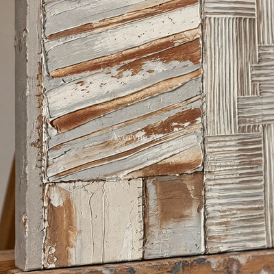 Close-up of the hand-painted texture of Mineral Measure neutral geometric relief wall art on an easel