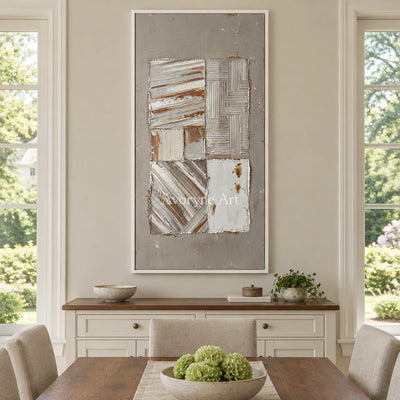 Mineral Measure neutral geometric relief wall art with a white frame in a dining room