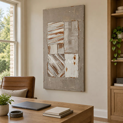 Mineral Measure neutral geometric relief wall art as a frameless stretched canvas in a home office