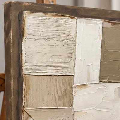 Close-up of the hand-painted texture of Mineral Echo neutral geometric relief wall art on an easel