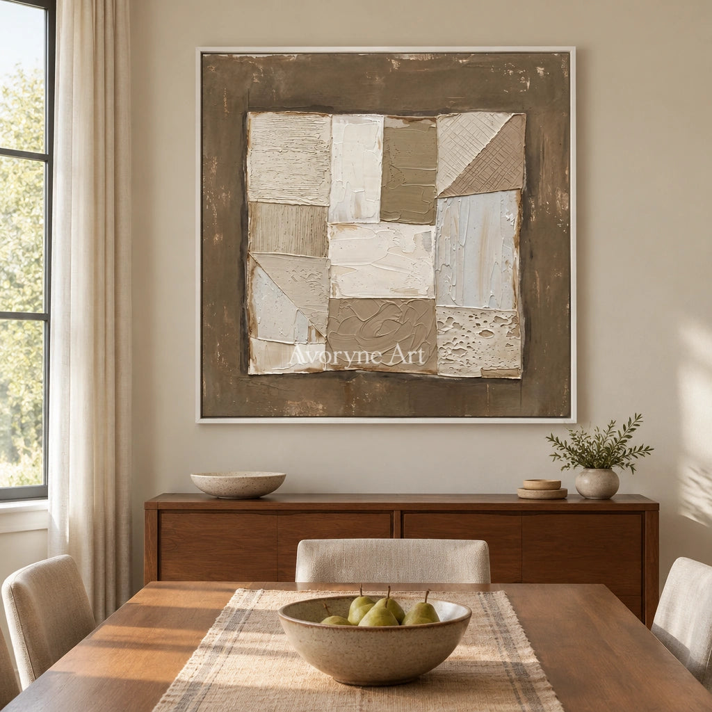 Mineral Echo neutral geometric relief wall art with a white frame in a dining room