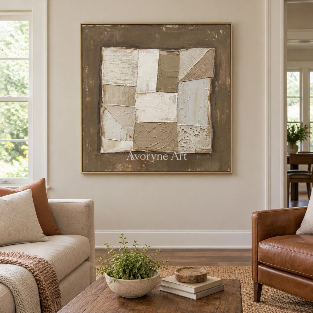 Mineral Echo neutral geometric relief wall art with a gold frame hanging in a living room