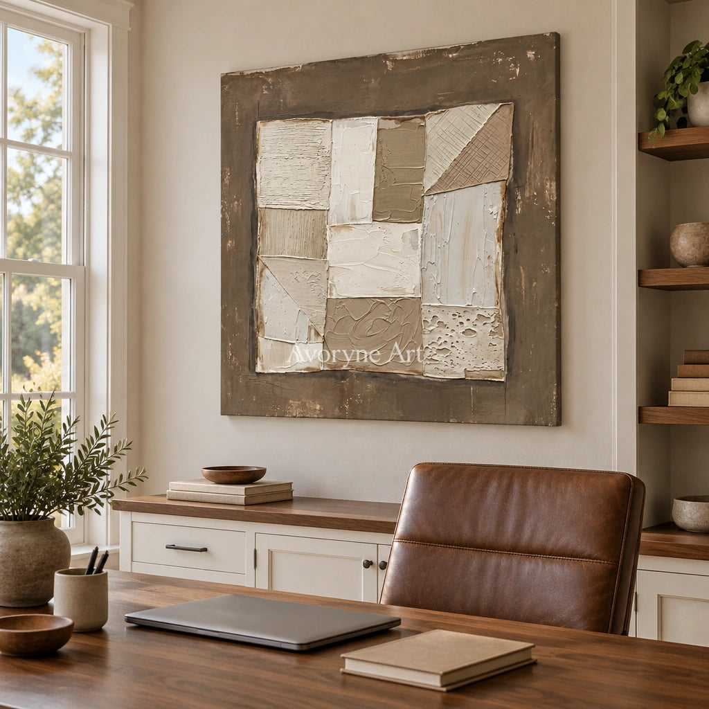 Mineral Echo neutral geometric relief wall art as a frameless stretched canvas in a home office