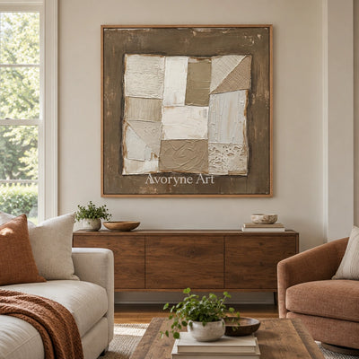 Mineral Echo neutral geometric relief wall art with a wood frame in a villa living space
