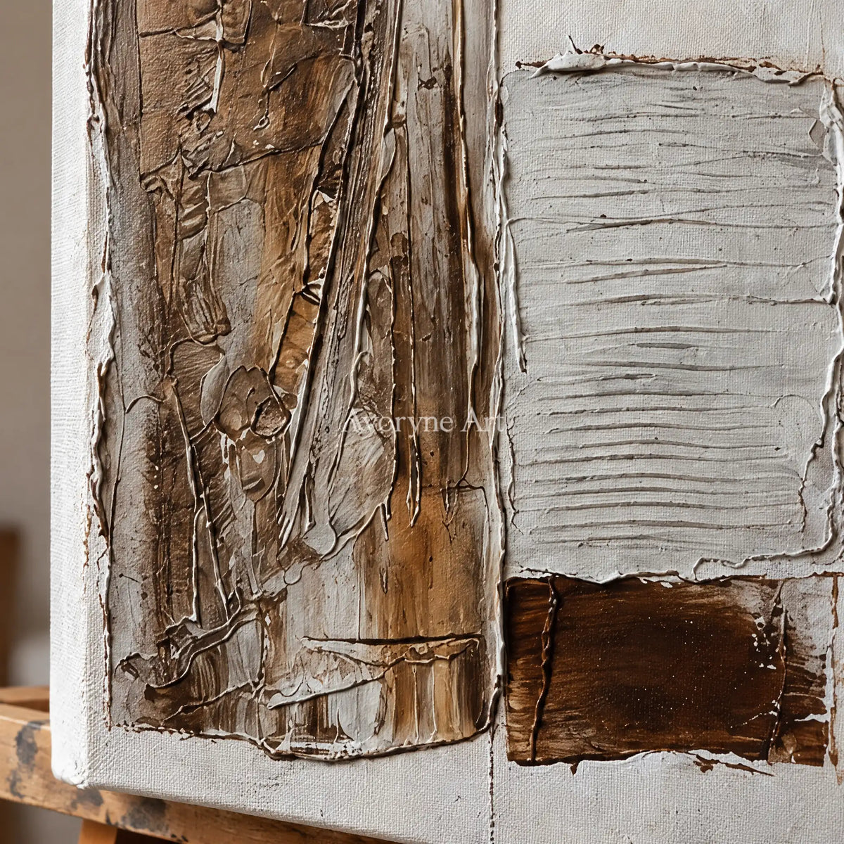 Close-up of the hand-painted texture of Hushed Gesture neutral geometric relief diptych on an easel