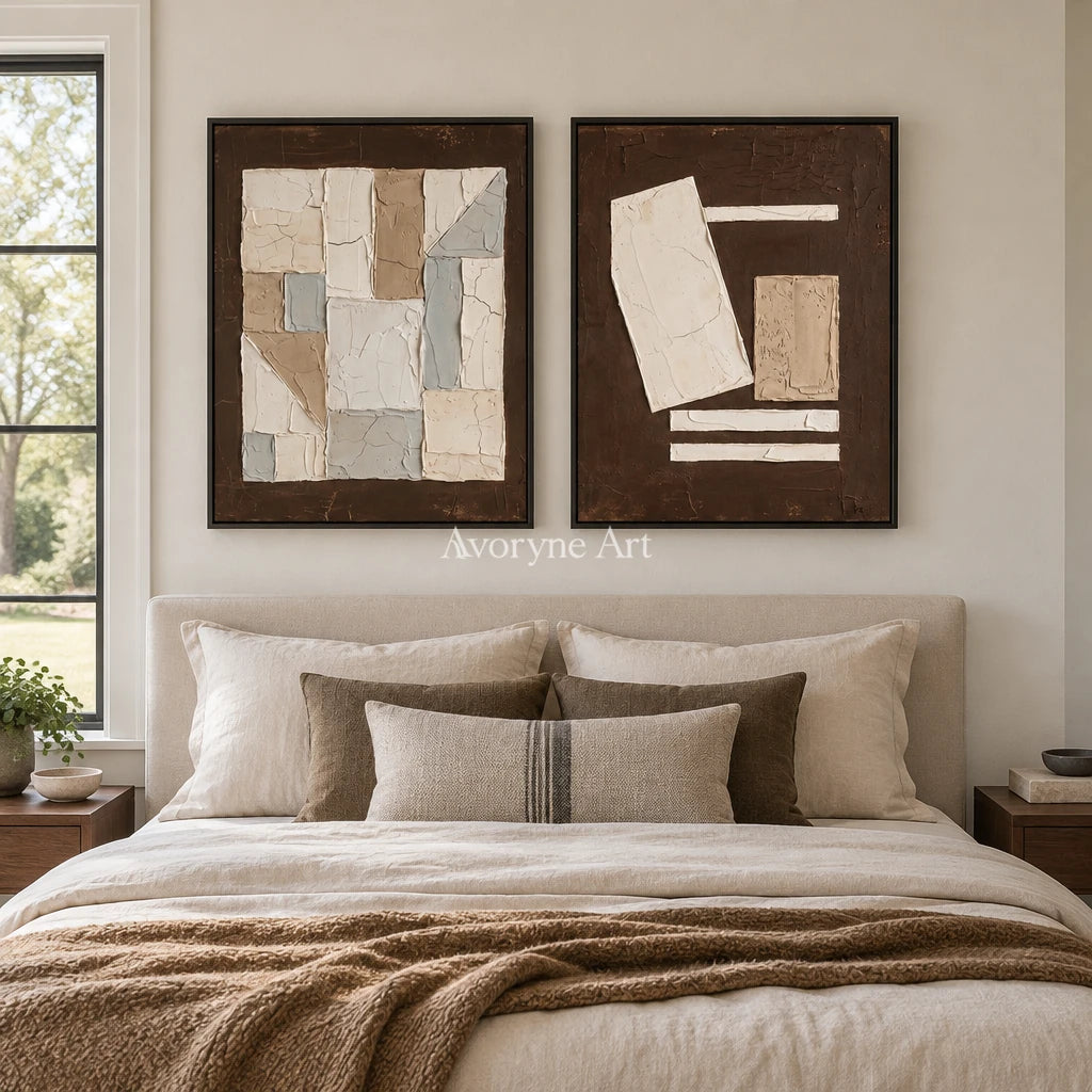 Mineral Rhythm neutral geometric relief diptych with a black frame above a bed in a bedroom