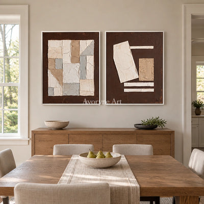 Mineral Rhythm neutral geometric relief diptych with a white frame in a dining room