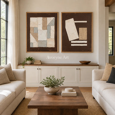 Mineral Rhythm neutral geometric relief diptych with a wood frame in a villa living space