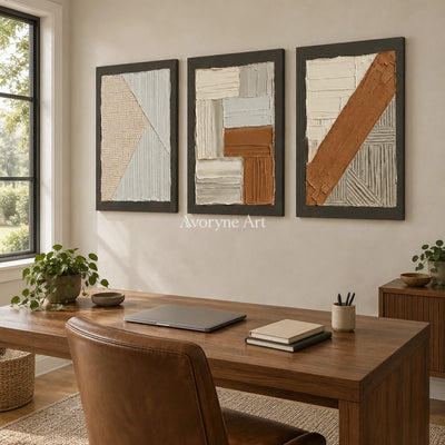 Soft Field neutral geometric relief triptych as a frameless stretched canvas in a home office
