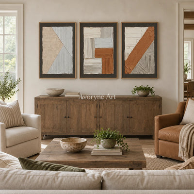 Soft Field neutral geometric relief triptych with a wood frame in a villa living space