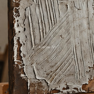Close-up of the hand-painted texture of Soft Sonata neutral geometric relief triptych on an easel
