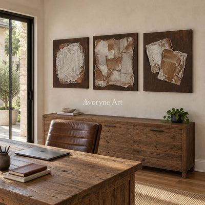 Soft Sonata neutral geometric relief triptych as a frameless stretched canvas in a home office