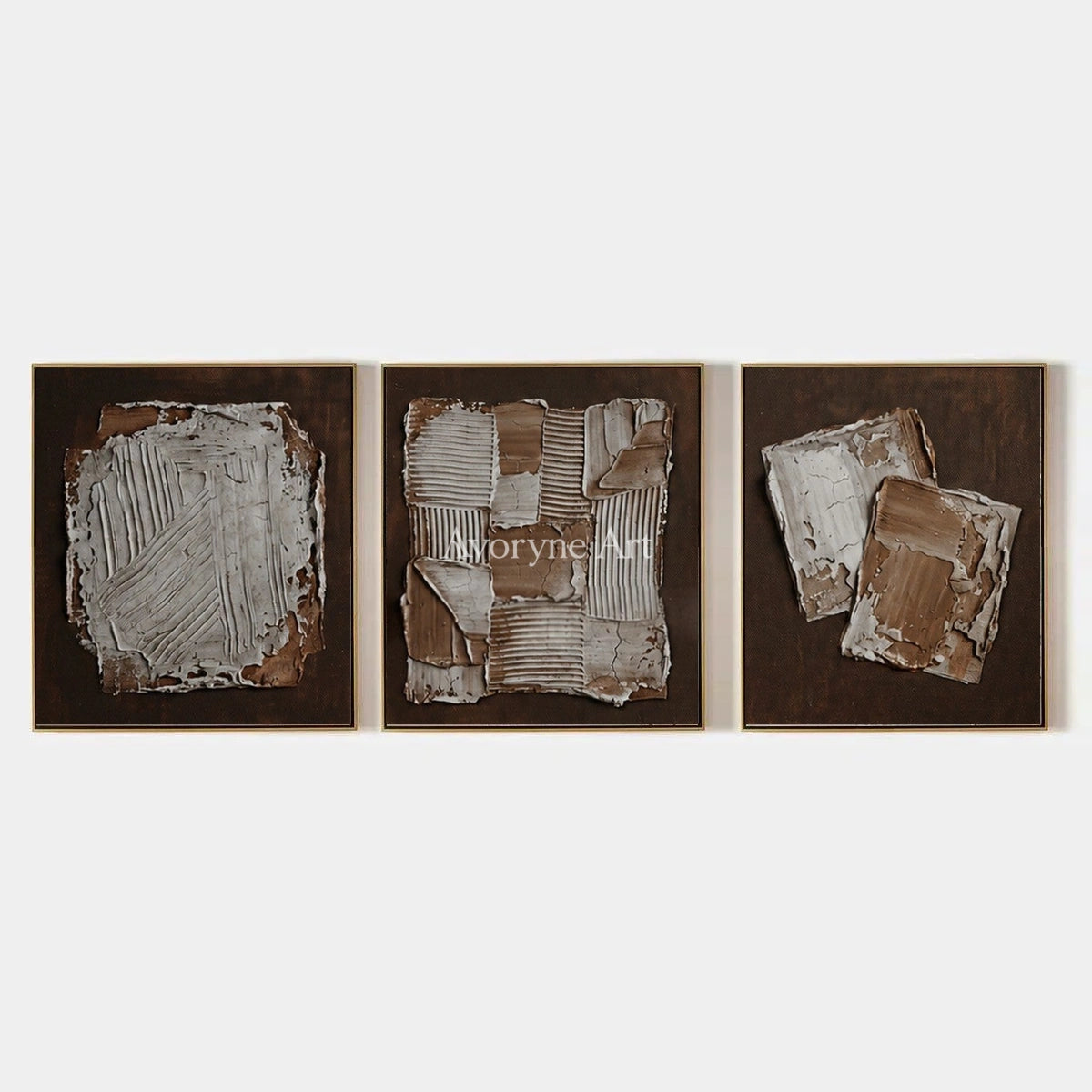 Soft Sonata, hand-painted neutral geometric relief triptych by Lukas Meyer