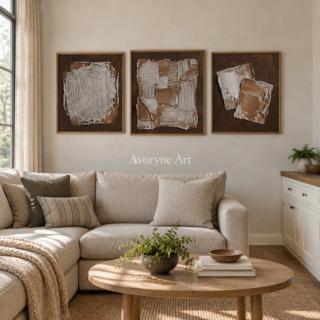 Soft Sonata neutral geometric relief triptych with a wood frame in a villa living space