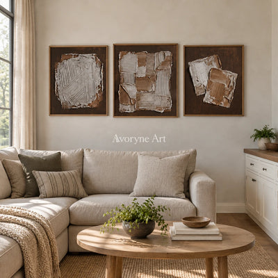 Soft Sonata neutral geometric relief triptych with a wood frame in a villa living space