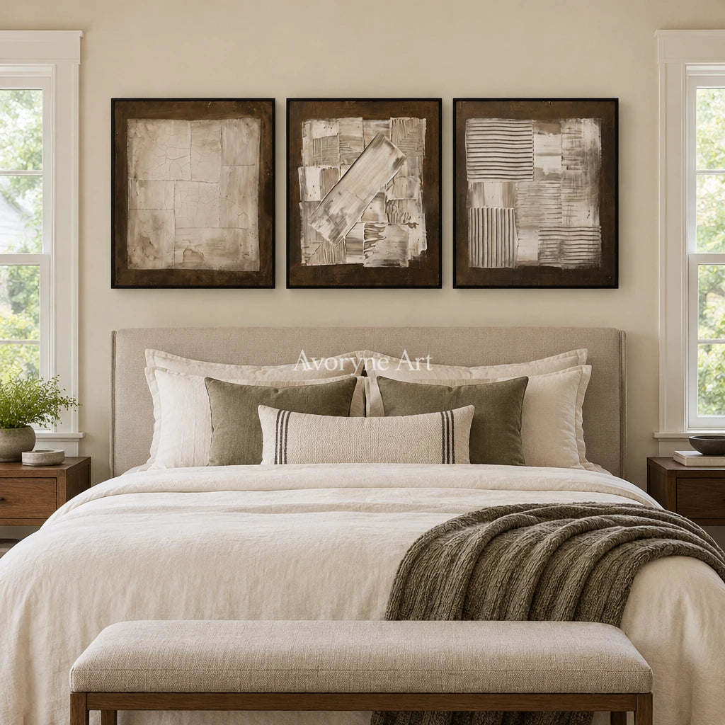 Hushed Field neutral geometric relief triptych with a black frame above a bed in a bedroom