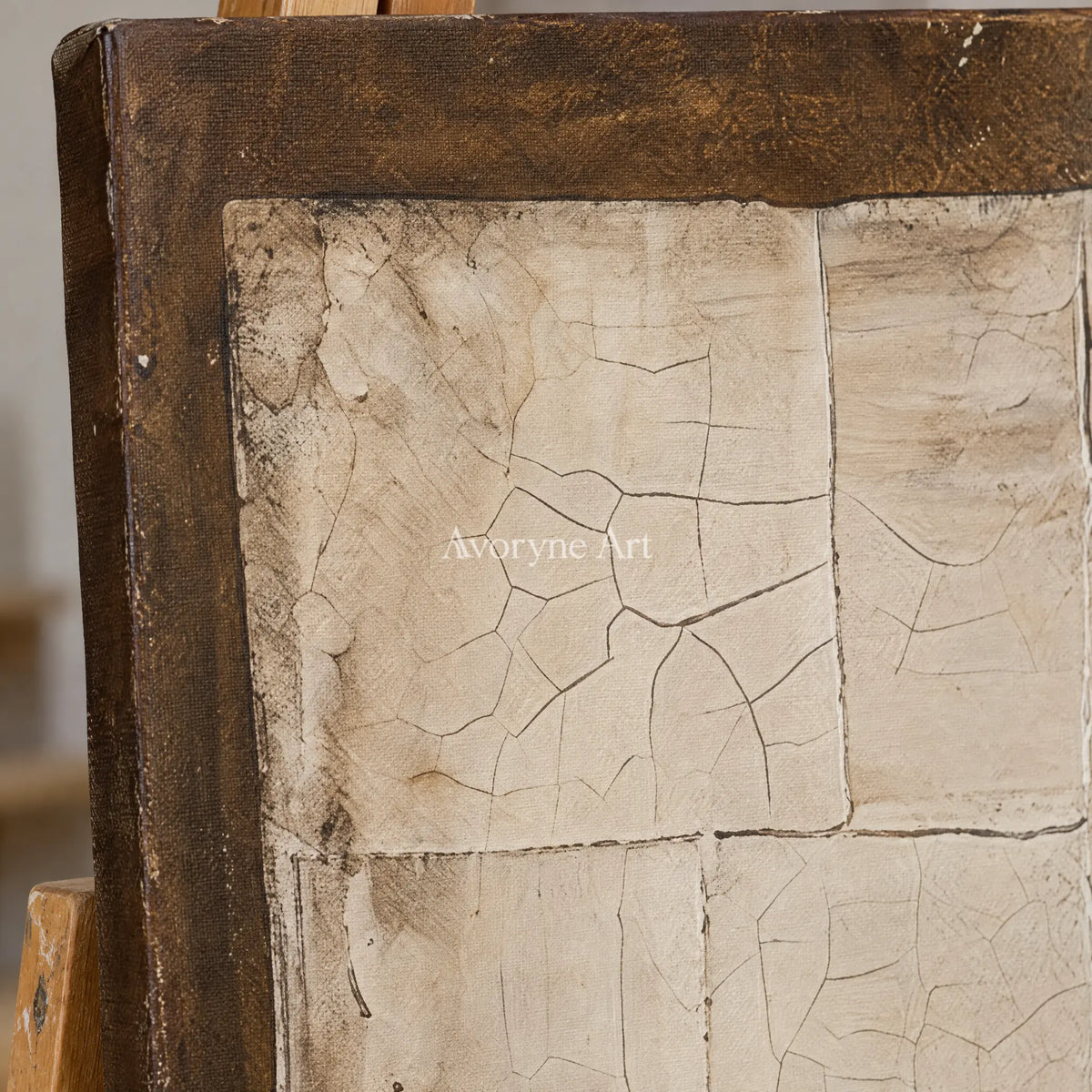 Close-up of the hand-painted texture of Hushed Field neutral geometric relief triptych on an easel