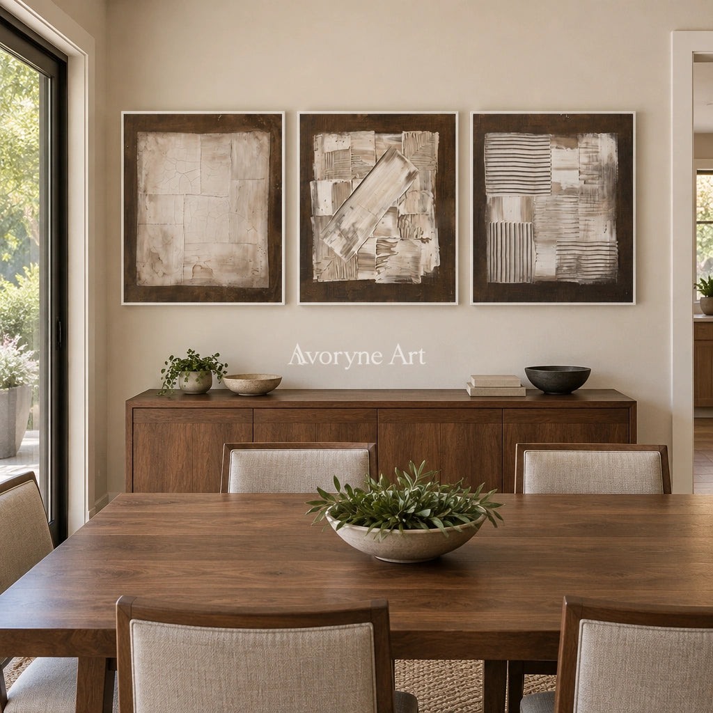Hushed Field neutral geometric relief triptych with a white frame in a dining room