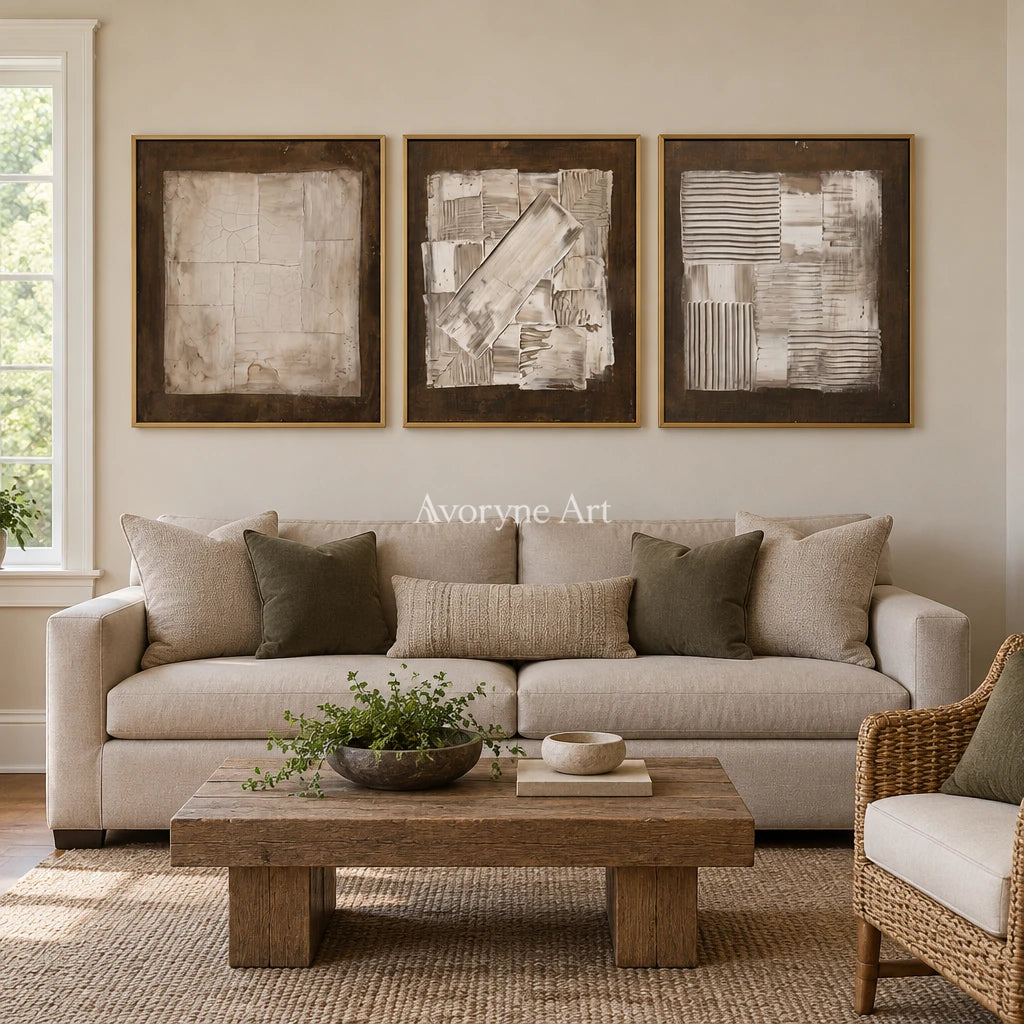 Hushed Field neutral geometric relief triptych with a gold frame hanging in a living room