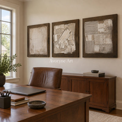 Hushed Field neutral geometric relief triptych as a frameless stretched canvas in a home office