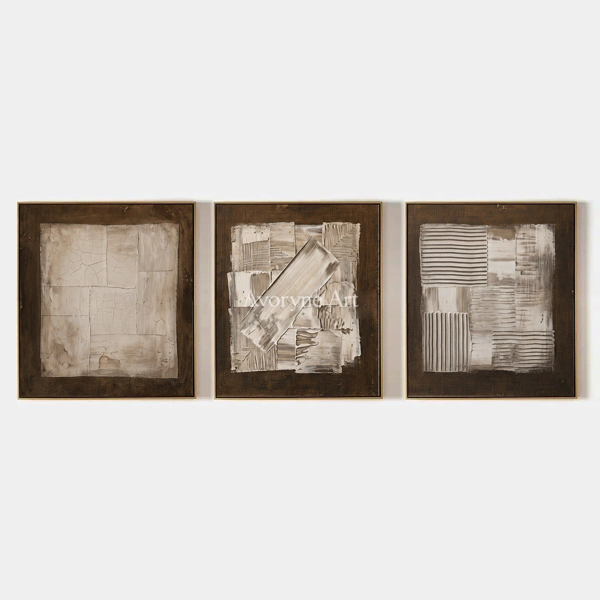 Hushed Field, hand-painted neutral geometric relief triptych by Lukas Meyer