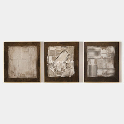 Hushed Field, hand-painted neutral geometric relief triptych by Lukas Meyer