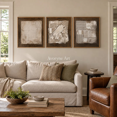 Hushed Field neutral geometric relief triptych with a wood frame in a villa living space