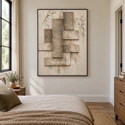 Stone Assembly: Neutral Geometric Relief Wall Art — bedroom black